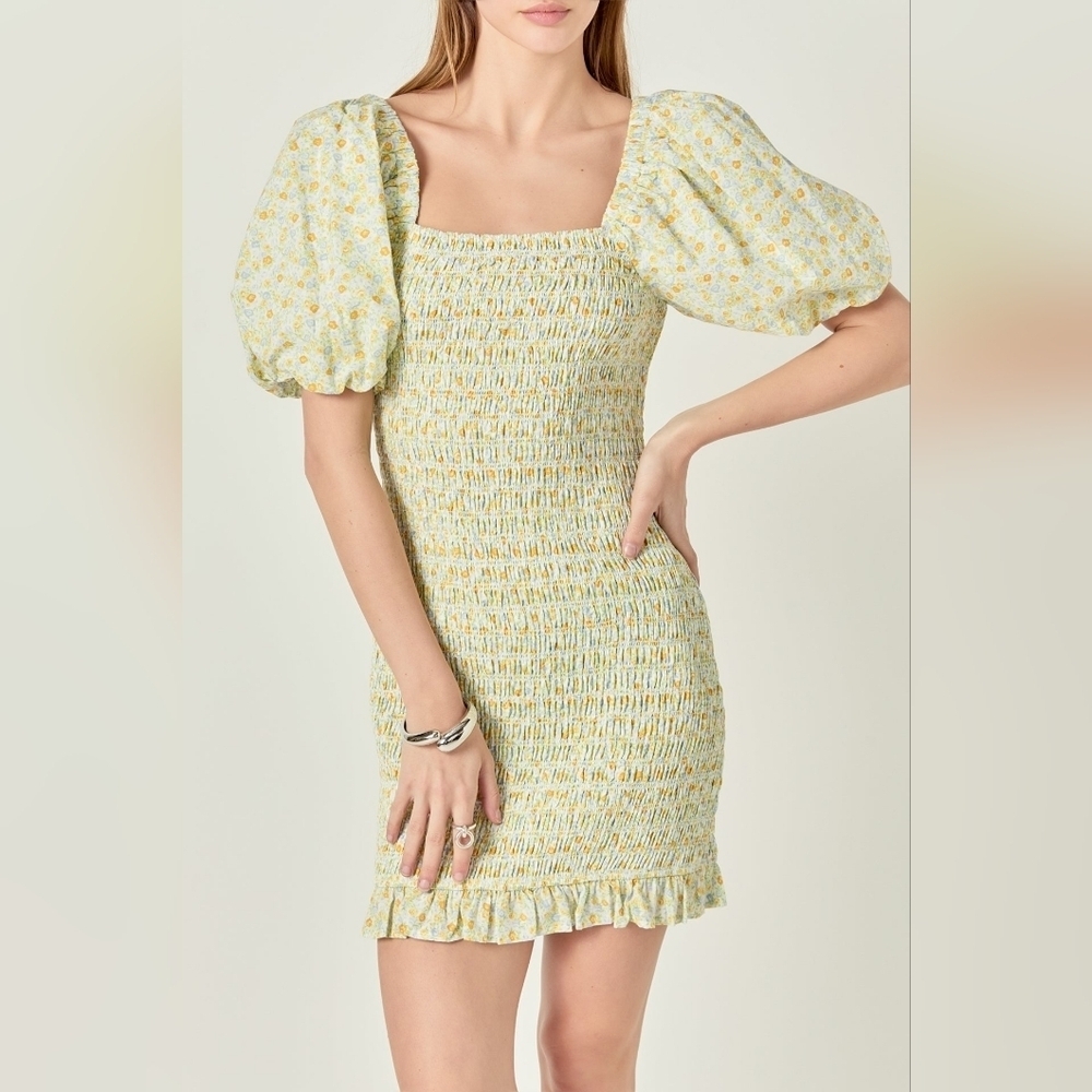 English Factory Yellow and White Smocked Midi Dress